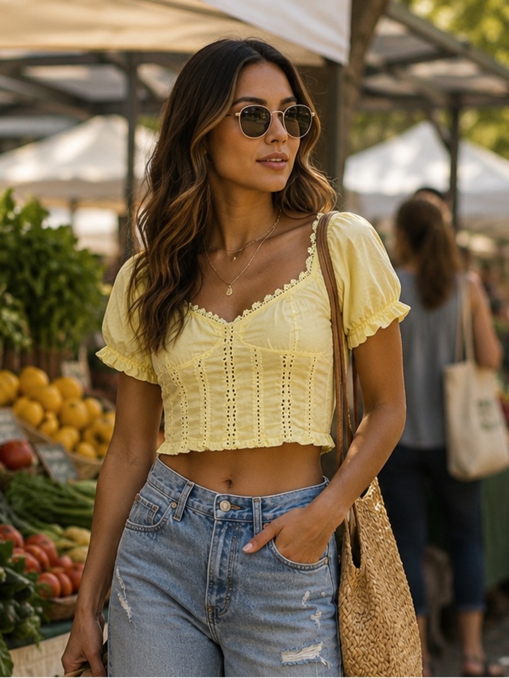 Forever 21 Yellow Eyelet Milkmaid Crop Top Lace Trim Corset Style Blouse Size M